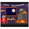 Vector illustration of night living room with table and fireplace decorated for Halloween party