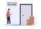 Vector illustration No contact delivery. Deliver man brings the boxes and puts them near the apartment door. Non-contact express