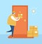 Vector illustration No contact delivery. Deliver man in the face mask and gloves puts the order near the apartment door.