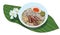 Vector illustration of noodles, Thai food, with chili, vegetables, lime, egg, pork, laid on banana leaves, suitable for making pos