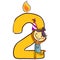 Vector Illustration of Number Two candle with stick Figure Little Girl Kid holding a party hat