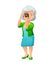 Vector illustration of an old active lady with camera, who is dressed in elegant dress and cardigan. She is standing and