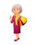 Vector illustration of an old active lady with glasses, who is dressed in a elegant dress. She is shopping and carrying