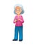 Vector illustration of an old active lady with glasses, who is dressed in jeans and shirt. She is standing and surfing