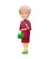 Vector illustration of an old active lady with small bag, who is dressed in a elegant dress. She is holds a small dog