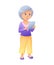 Vector illustration of an old active lady, who is dressed in jeans and cardigan. She is standing and surfing the