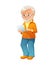 Vector illustration of an old active man with glasses, mustache and beard, who is dressed in jeans and cardigan. He is