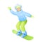 Vector illustration of old woman in snowboarding clothes on snowboard