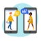 Vector illustration for online dating app users. Flat infographics of acquaintance in social network, chatting people.