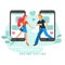 Vector illustration for online dating app users. Flat infographics of man and woman acquaintance in social network.