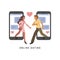 Vector illustration for online dating app users. Flat infographics of man and woman acquaintance in social network.