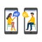 Vector illustration for online dating app users. Flat infographics of man and woman acquaintance in social network.