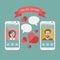 Vector illustration of online dating man and woman app icons on mobile phone displays with speech bubbles in flat style