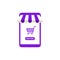 Vector illustration Online shopping, Shop now, violet smartphone shop and shopping cart isolated on white background.