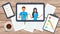 Vector illustration, online video conference, business team having chat discussion and video call with client using tablet at tabl