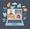 Vector illustration of Online Virtual Meetings, Work from Home Teleconference. Human faces, man and woman at the laptop