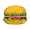 Vector illustration of outline classic hamburger with grilled beef, tomatoes, lettuce, onion and sesame seed isolated on white.