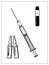 Vector illustration with outlines of medical syringe for injectings, vials with medicine and test tube with blood