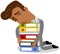 Vector illustration of an overwhelmed and tired asian cartoon businessman breaking down on stack of binders