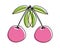Vector illustration of a pair of cherries or sweet cherries in doodle style. Drawing with an offset outline.