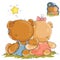 Vector illustration of a pair of teddy bears sitting embracing and looking at the stars, rear view