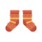 Vector illustration of pair of warm winter socks in flat style - red woolen footwear with striped pattern.