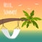 Vector illustration with palm tree, hammock and seagulls