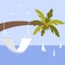 Vector illustration with palm tree, hammock and yacht, seagulls