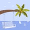 Vector illustration with palm tree, wedding bench and yacht, seagulls