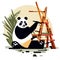 Vector illustration of a panda in a zoo. A panda sits on a wooden bench and holds a bamboo stick. generative AI