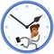 Vector illustration of panicking asian cartoon businessman running against time inside big clock