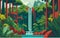 vector illustration a panoramic view of a tropical rainforest, with multiple waterfalls cascading down rugged cliffs