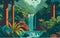 vector illustration a panoramic view of a tropical rainforest, with multiple waterfalls cascading down rugged cliffs