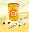 Vector illustration of paper cup with hot coffee, beans and sugar sticks at watercolor orange background