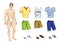 Vector illustration of paper doll man with set of stylish summer clothes and shoes