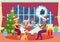 Vector illustration of parents and children kids sitting at table and dining on Christmas eve. Christmas family dinner