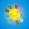 Vector illustration patchwork applique bright, yellow, joyful, smiling sun with blue eyes and patchwork rays with different textur