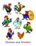 Vector illustration, pattern, bright funny roosters and hens, humor