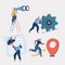 Vector illustration of people. Man try to push gear, woman run to location, making investigation with binocular, hr