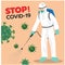 Vector illustration person wearing protective clothing Spraying grandmother to disinfect covid-19 on the floor. There is a message