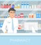 Vector illustration of pharmacist in pharmacy with shelves with medicines and points to box with drug. Medicine concept