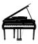 Vector illustration of a piano. Keyboard musical instrument. Stylized grand piano. Musical emblem. Black and white logo.