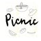 Vector illustration picnic. Hand-drawn lettering and elements with texture background
