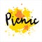 Vector illustration picnic. Hand-drawn lettering on yellow and orange texture background