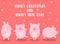 Vector illustration of pigs in winter clothes and snowflakes on a pink background. Image for New Year, Christmas, prints, invitati