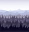 Vector illustration of pine forest in fog on mountains background. Coniferous forest, fir silhouette mysterious