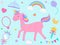 Vector illustration of Pink Unicorn cartoon with cute pastel elements, princess crown rainbow necklace mirror balloon magic wand