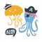 Vector illustration with pirate word Ahoy lettering and sea animals with pirate`s hat, cap, scull and bones. Kids logo emblem.
