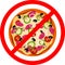 Vector illustration pizza, red prohibition sign