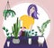 Vector illustration with plant lover. Cute girl water house plants.